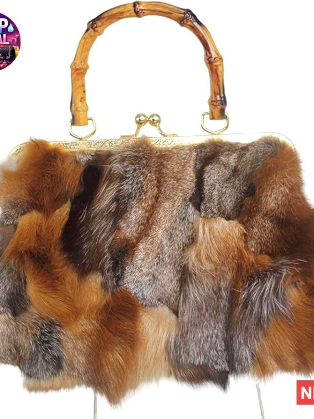 Real Fox Fur Handbag with Bamboo Handle and Kisslock Frame